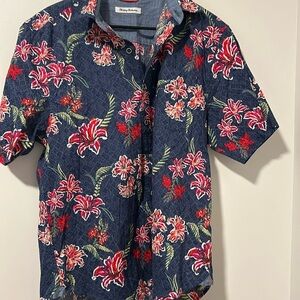 Men’s Tommy Bahama Blue Pink Floral Vacation Tropical Button Down Shirt Size M